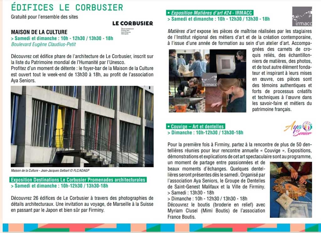 Programme des JEP à l'espace Firminy Vert au site du Corbusier